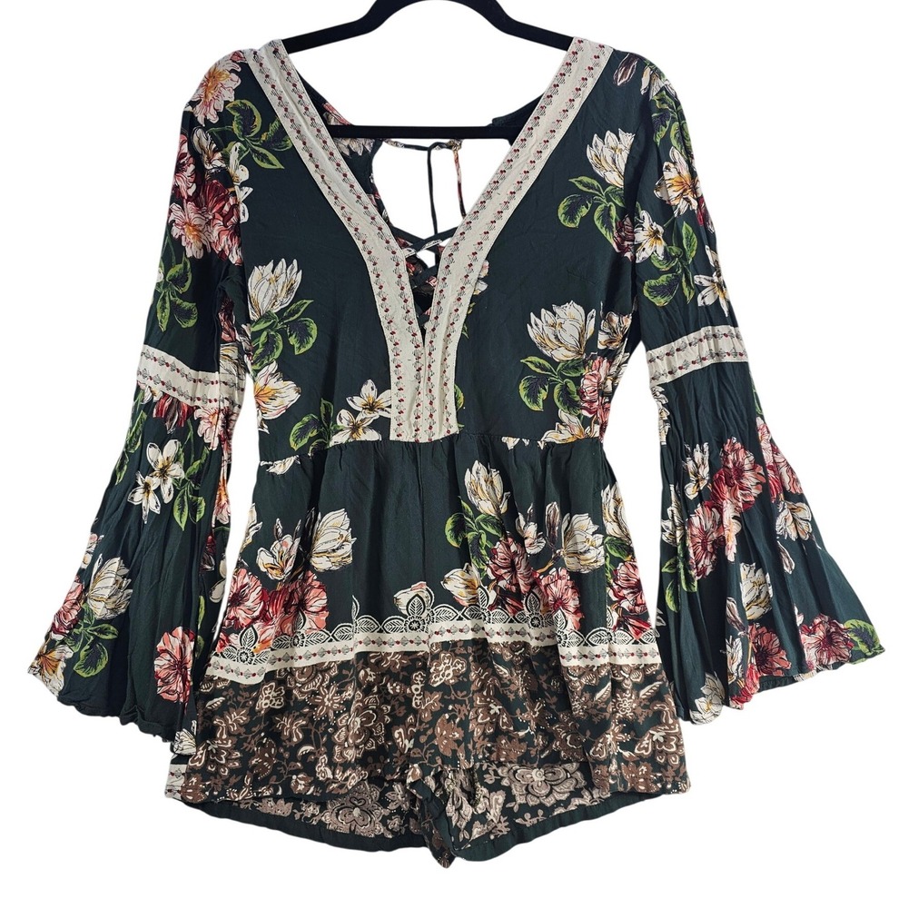 ANGIE Floral Print Bell Sleeve Lace Up V Neck Romper Women's‎ Small